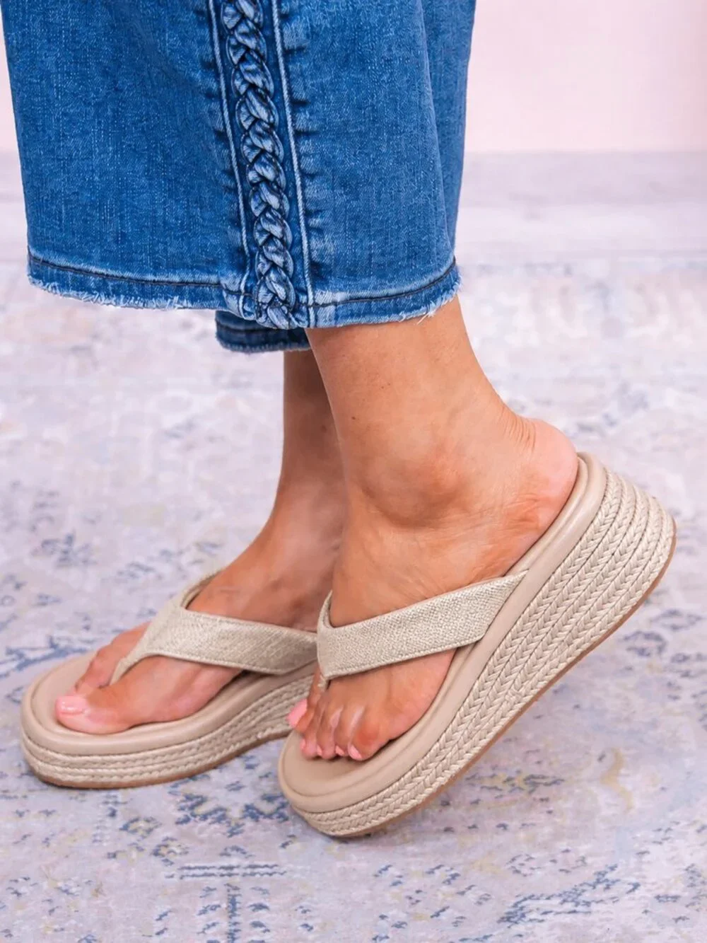 BAMBOO Cream Platform Espadrille Thong Sandals